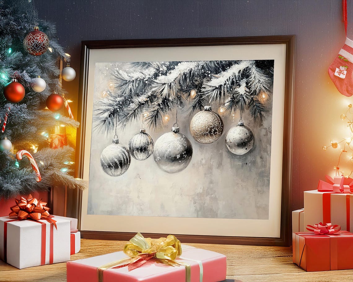 Shimmering Silver Mercury Glass Ornaments Snowy Pine Branch Poster - Image 5