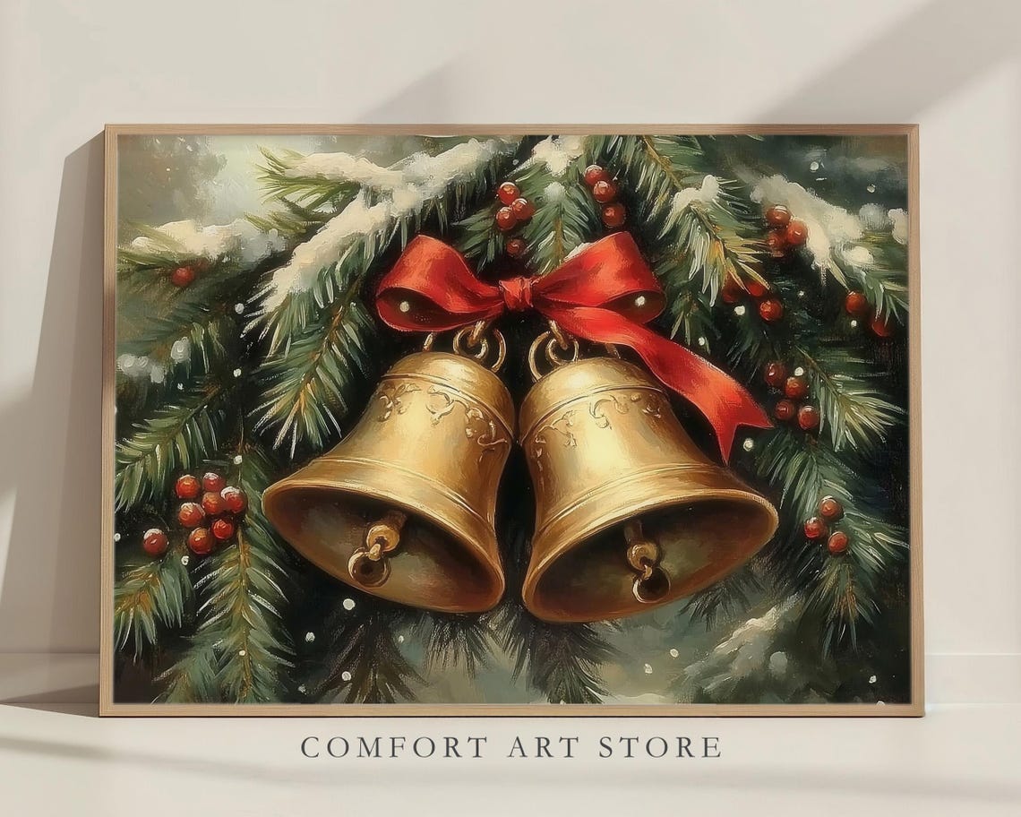 Elegant Two Golden Christmas Bells Red Bow Snowy Branches Poster - Image 7