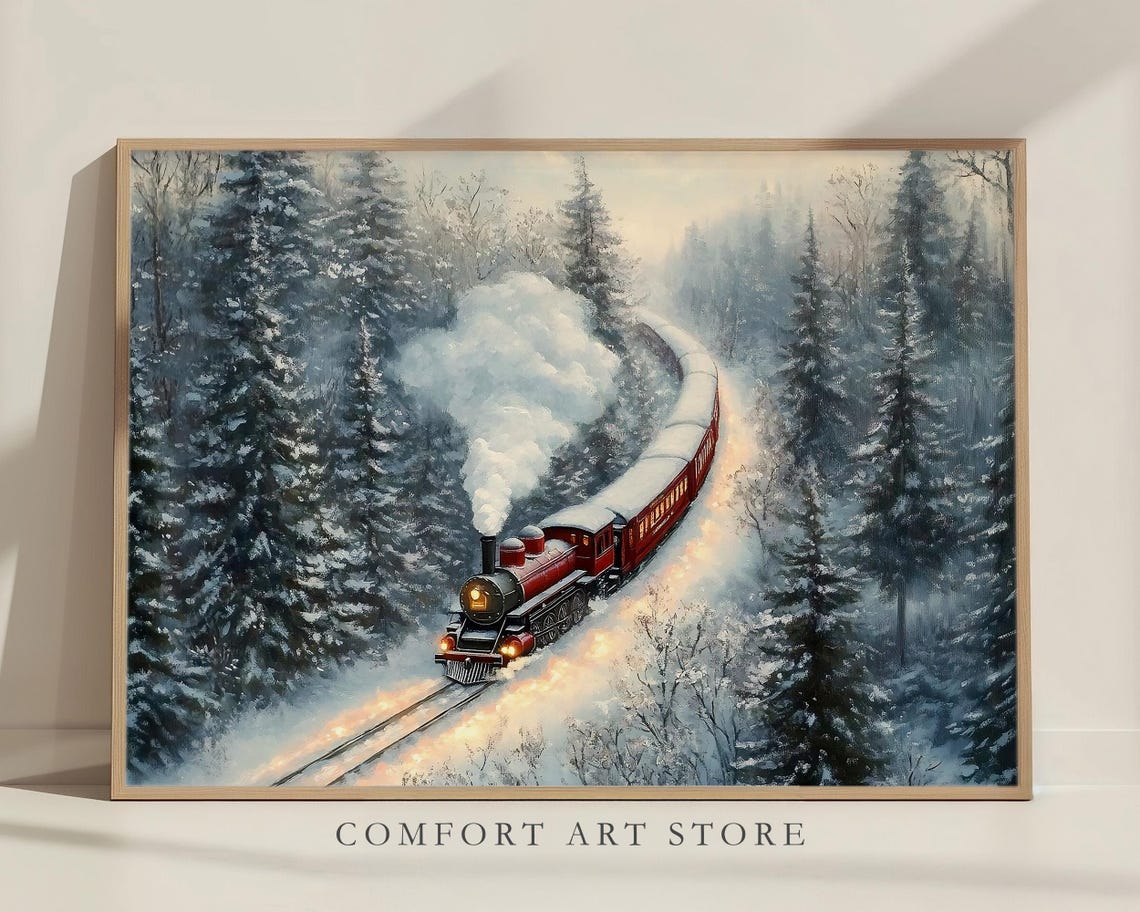Classic Vintage Red Steam Train in Snowy Pine Forest Art Poster - Image 6