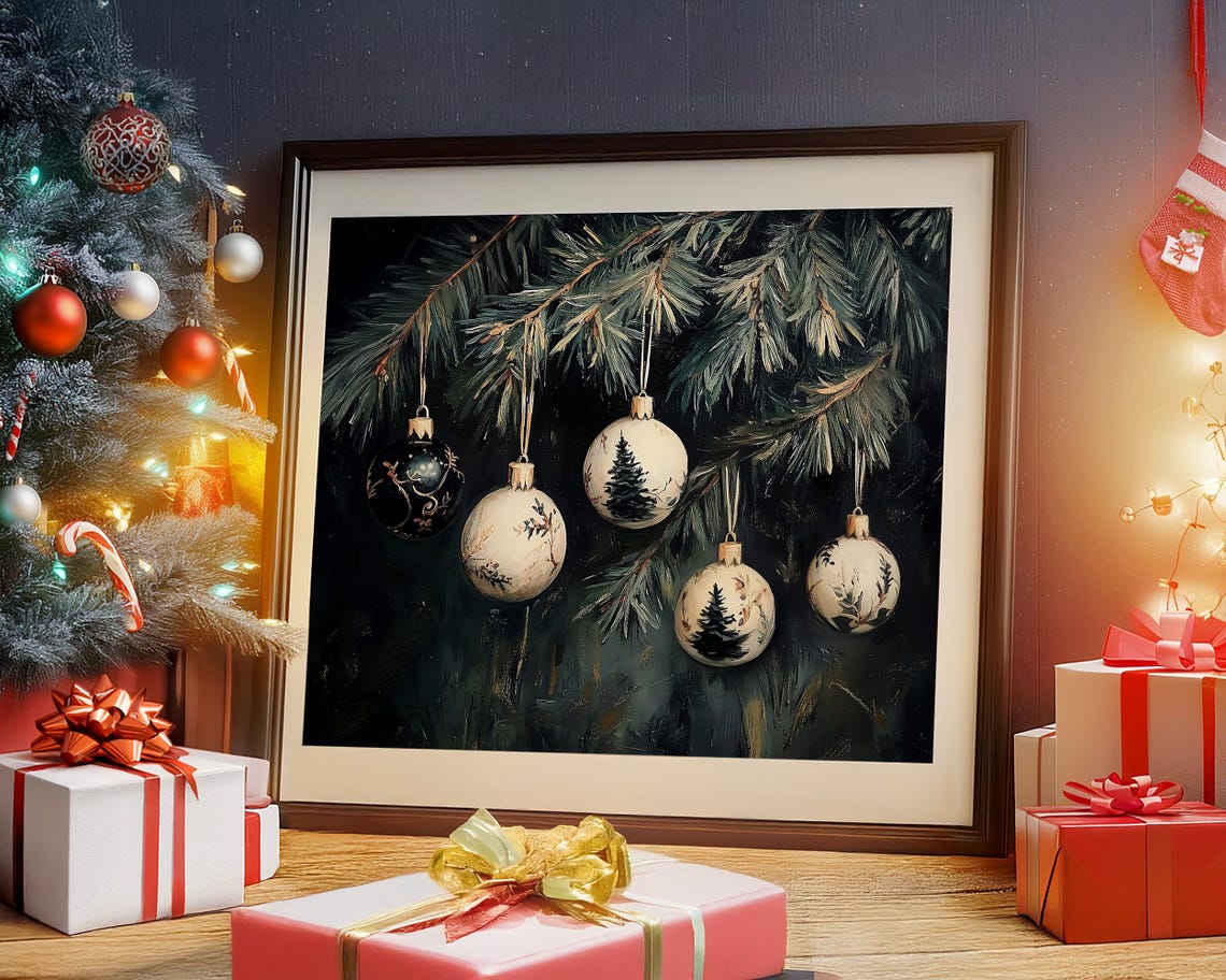 Hand Painted White Christmas Ornaments on Dark Pine Branch Poster - Image 2