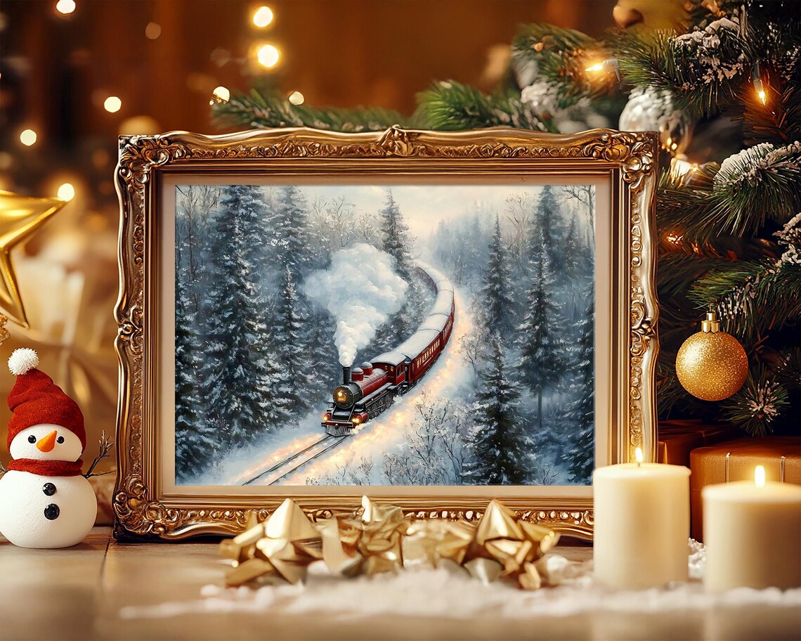 Classic Vintage Red Steam Train in Snowy Pine Forest Art Poster - Image 5