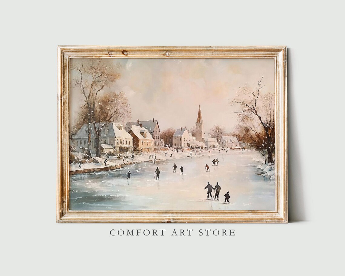 Village Ice Skating on Frozen Pond Winter Landscape Wall Art