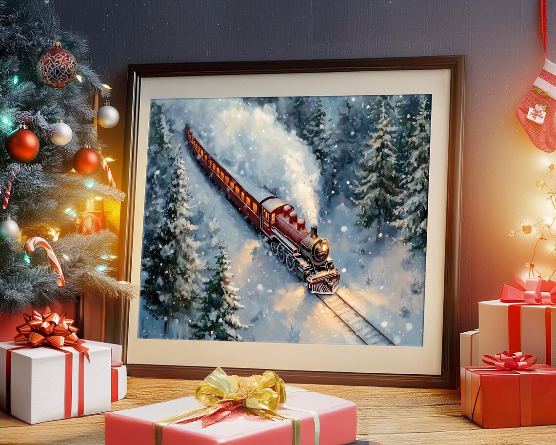 Red Steam Locomotive with Glowing Cars Crossing Snowy Pines Poster - Image 4