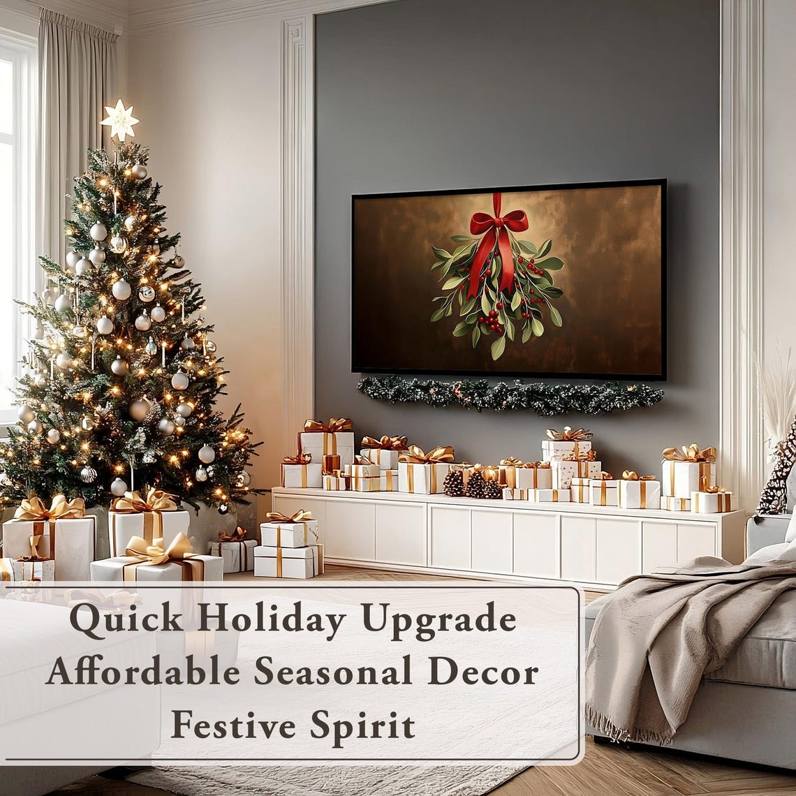 Hanging Mistletoe With Red Berries and Red Ribbon Bow Poster - Image 5