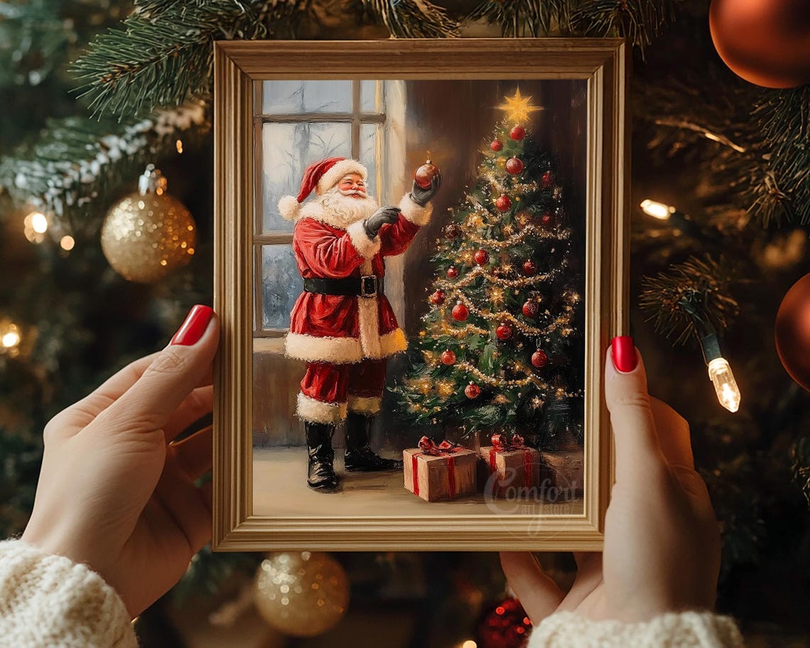 Santa Claus Decorating Christmas Tree by Snowy Window Scene Poster - Image 4