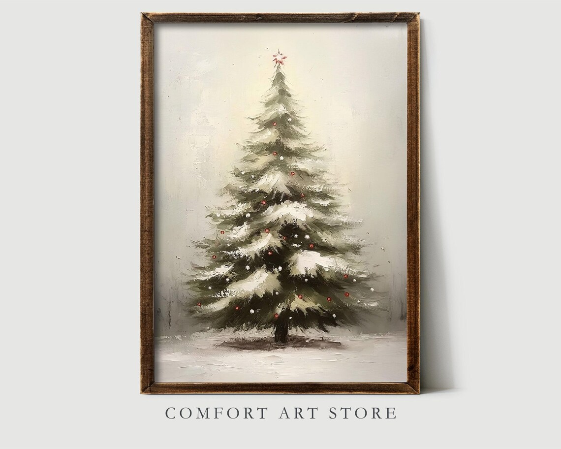 Vintage Snowy Christmas Tree With Red Berries And Gold Star Wall Art - Image 6