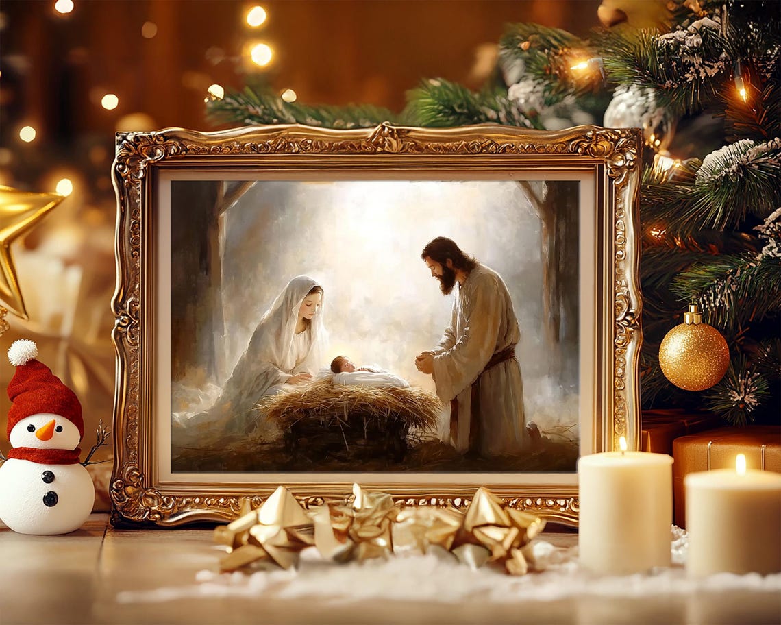 Mary and Joseph Adoring Baby Jesus in the Manger Stable Poster - Image 5