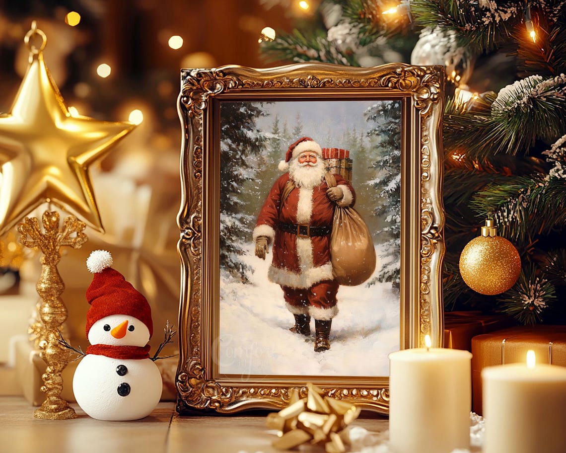 Vintage Santa Claus Walking Through a Snowy Forest with Gifts Poster - Image 5