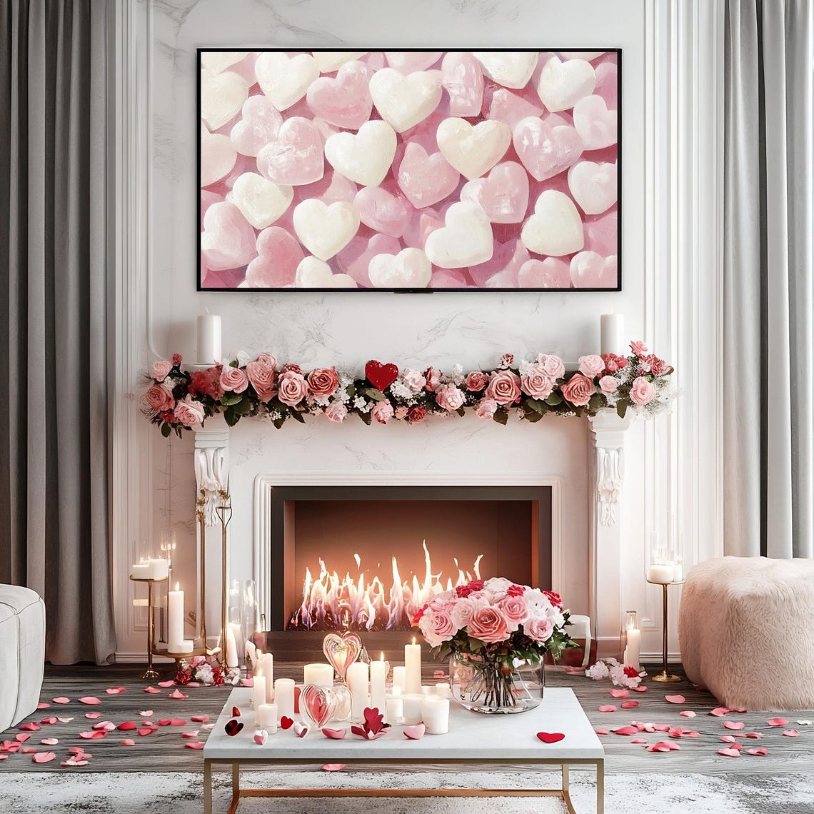 Valentines Pink Candy Hearts Vintage Painting Cozy Frame TV Wall Art - Image 3