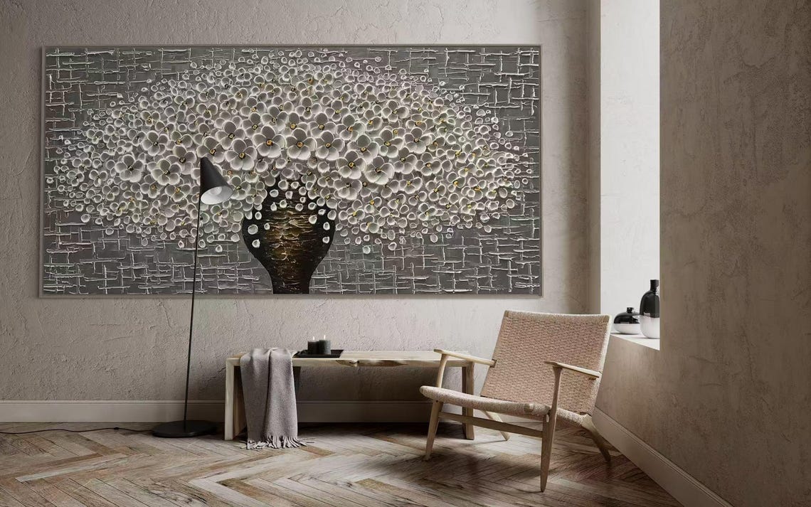 Black Vase Overflowing White Blossoms Panoramic Floral Canvas Poster - Image 3