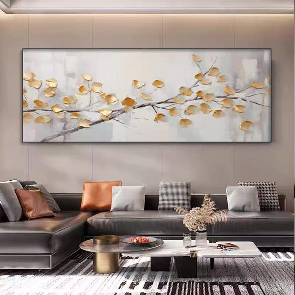 Golden Leaves on Dark Branch Soft White Horizontal Botanical Poster - Image 3
