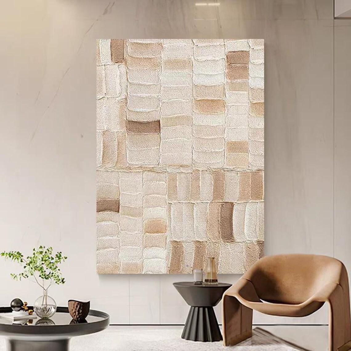 Beige and Tan Checker Grid of Raised Blocks Textured Abstract Poster - Image 3