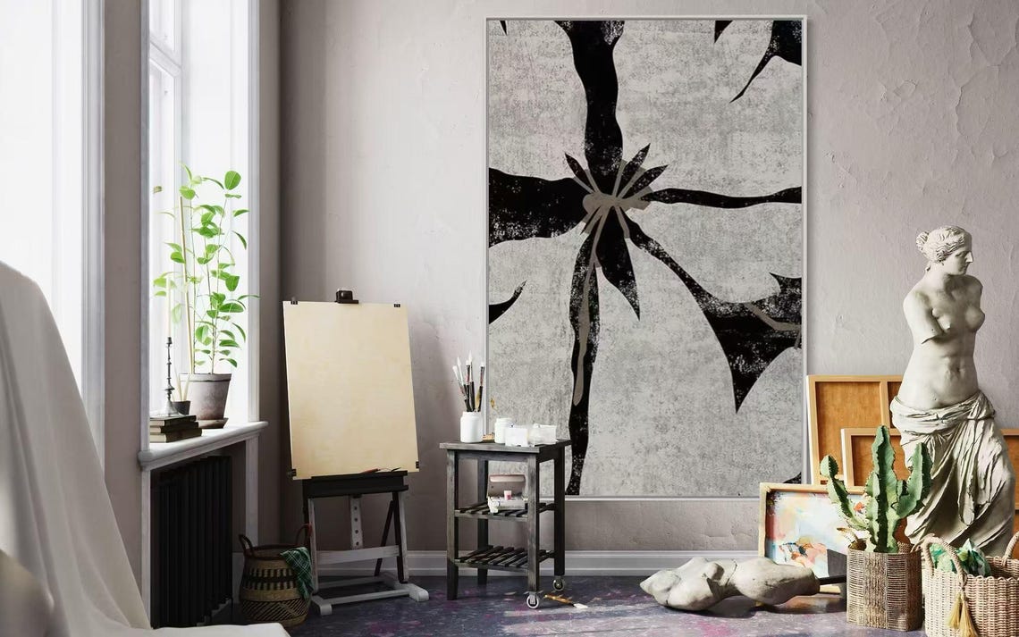 Black Floral Branch Silhouette on Textured White Art Vertical Poster - Image 2