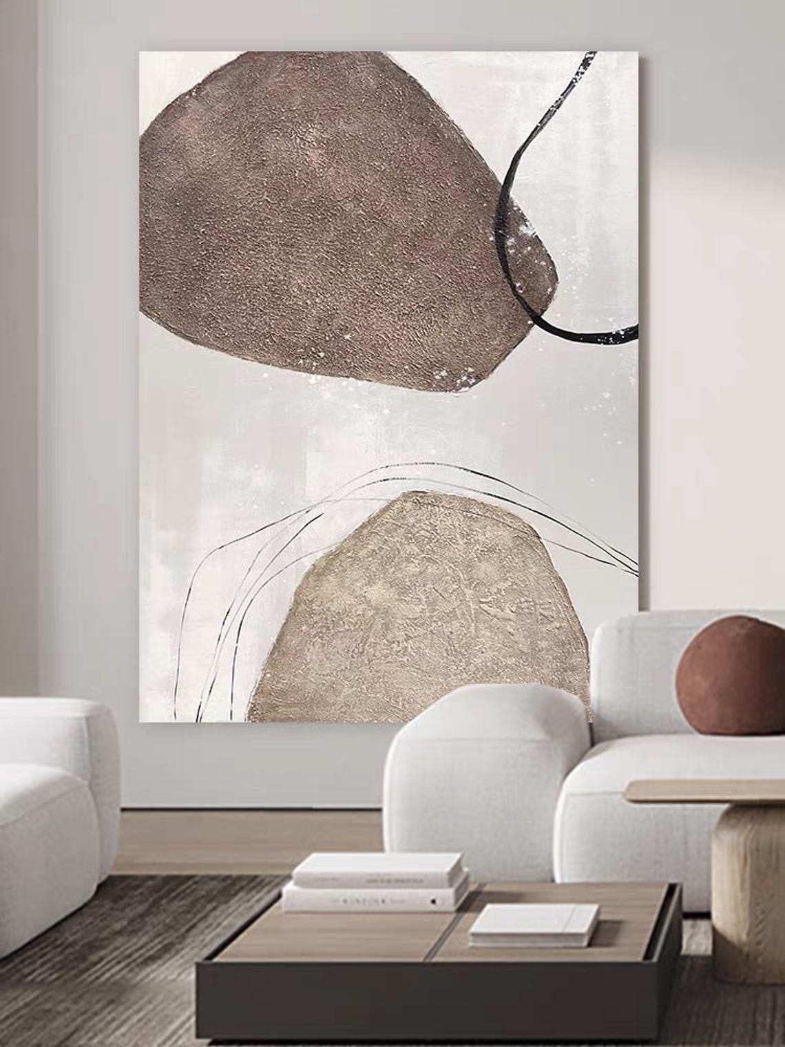 Brown Beige Stone Shapes Black Curved Lines Vertical Textured Wall Art - Image 3