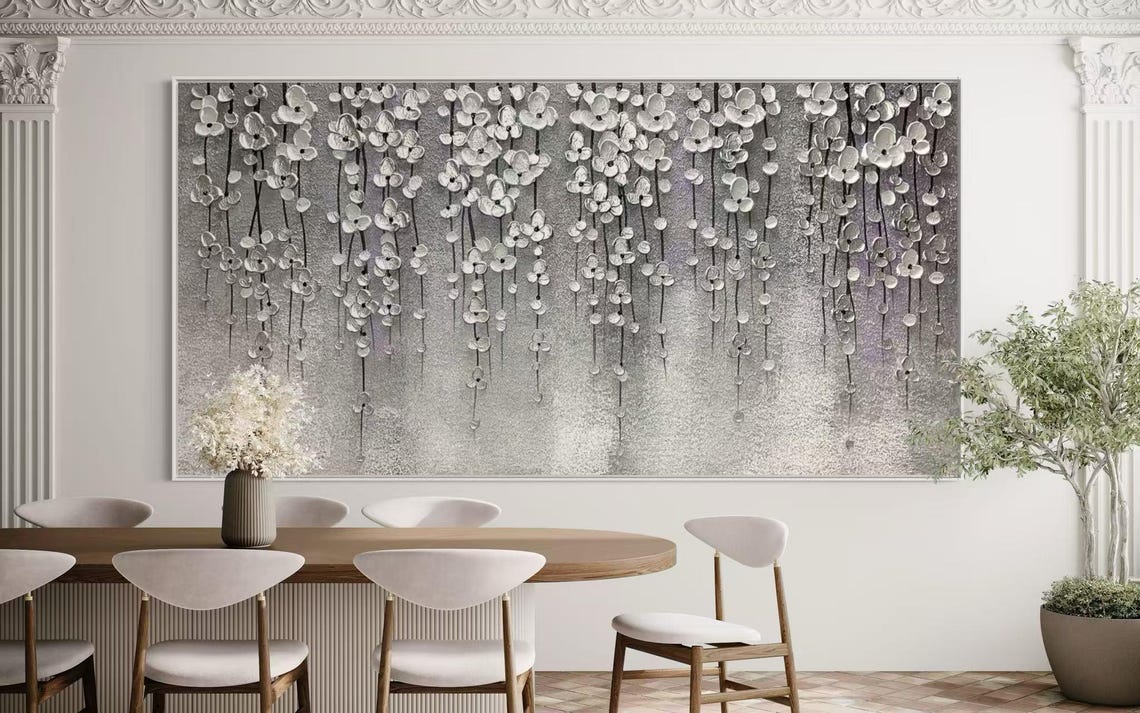 Dangling Silver Blossoms on Dark Strands Shimmering Floral Poster - Image 2