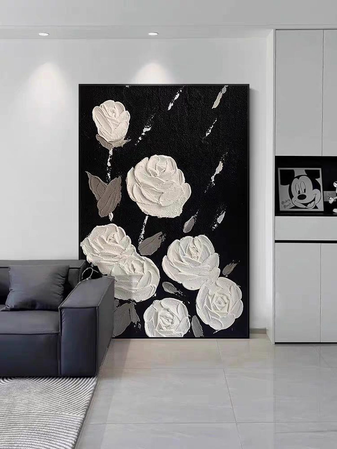 White Roses On Black Background 3D Textured Floral Art Poster - Image 2