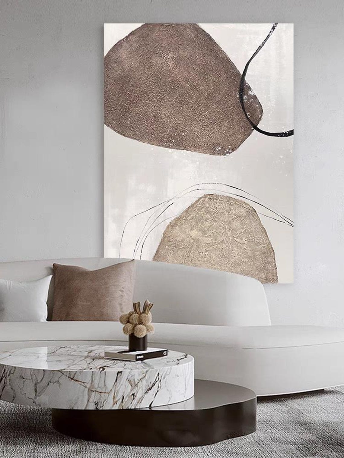 Brown Beige Stone Shapes Black Curved Lines Vertical Textured Wall Art - Image 2