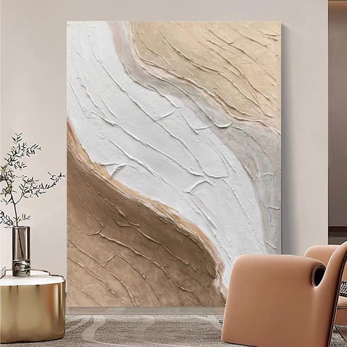 Sweeping Beige White and Taupe Curved Bands Textured Abstract Poster - Image 3