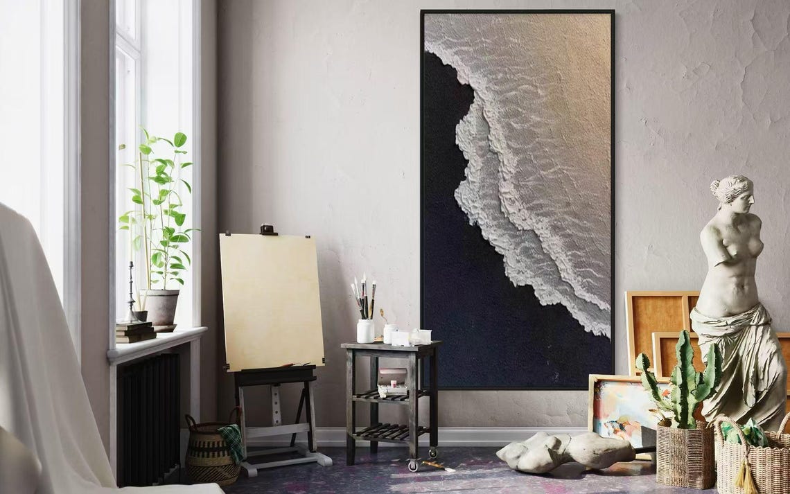 Black Sand Beach White Surf Foamy Waves Textured Vertical Poster - Image 2