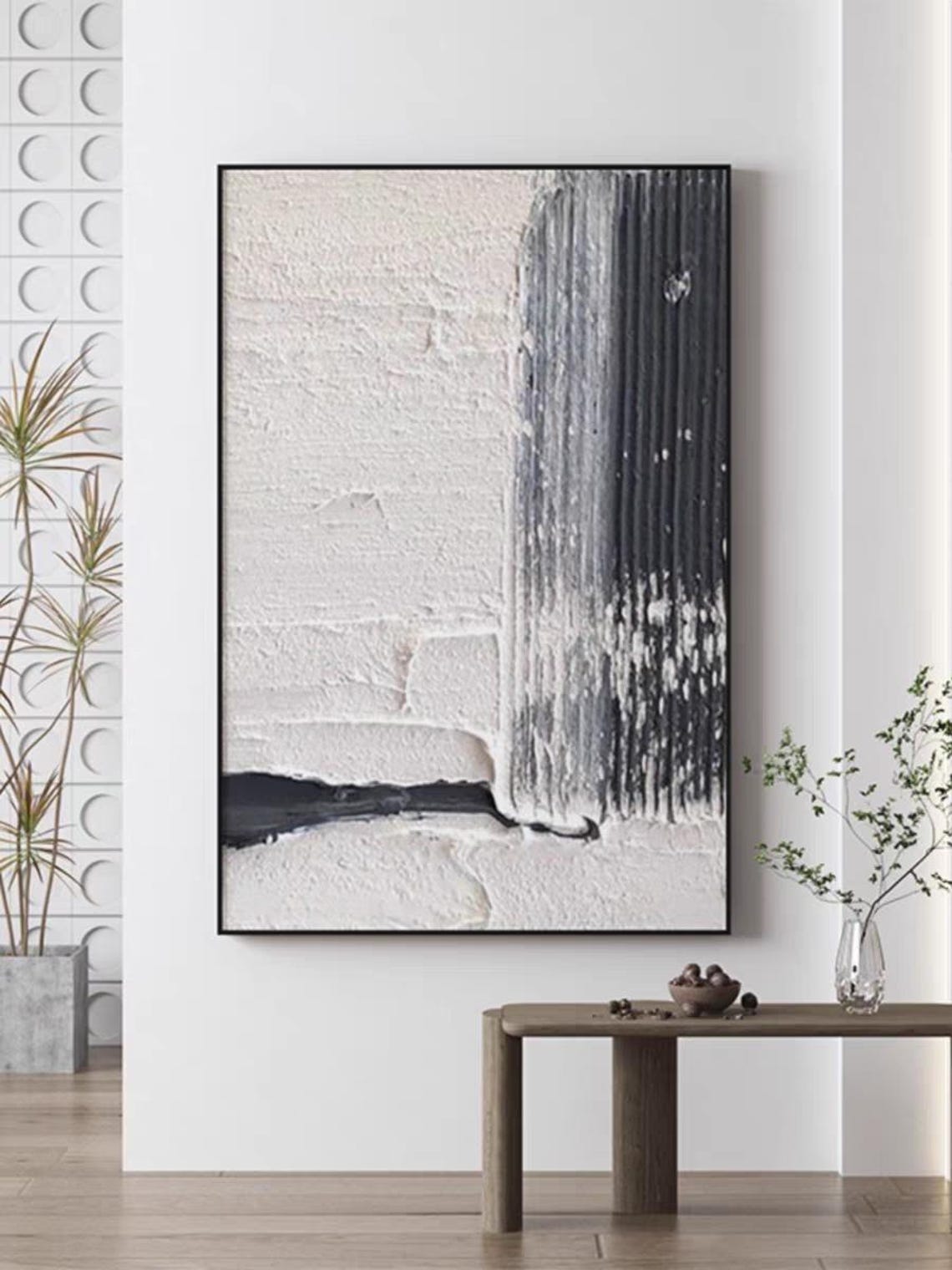 White Gray Textured Surface Black Vertical Stripes Art Poster - Image 2