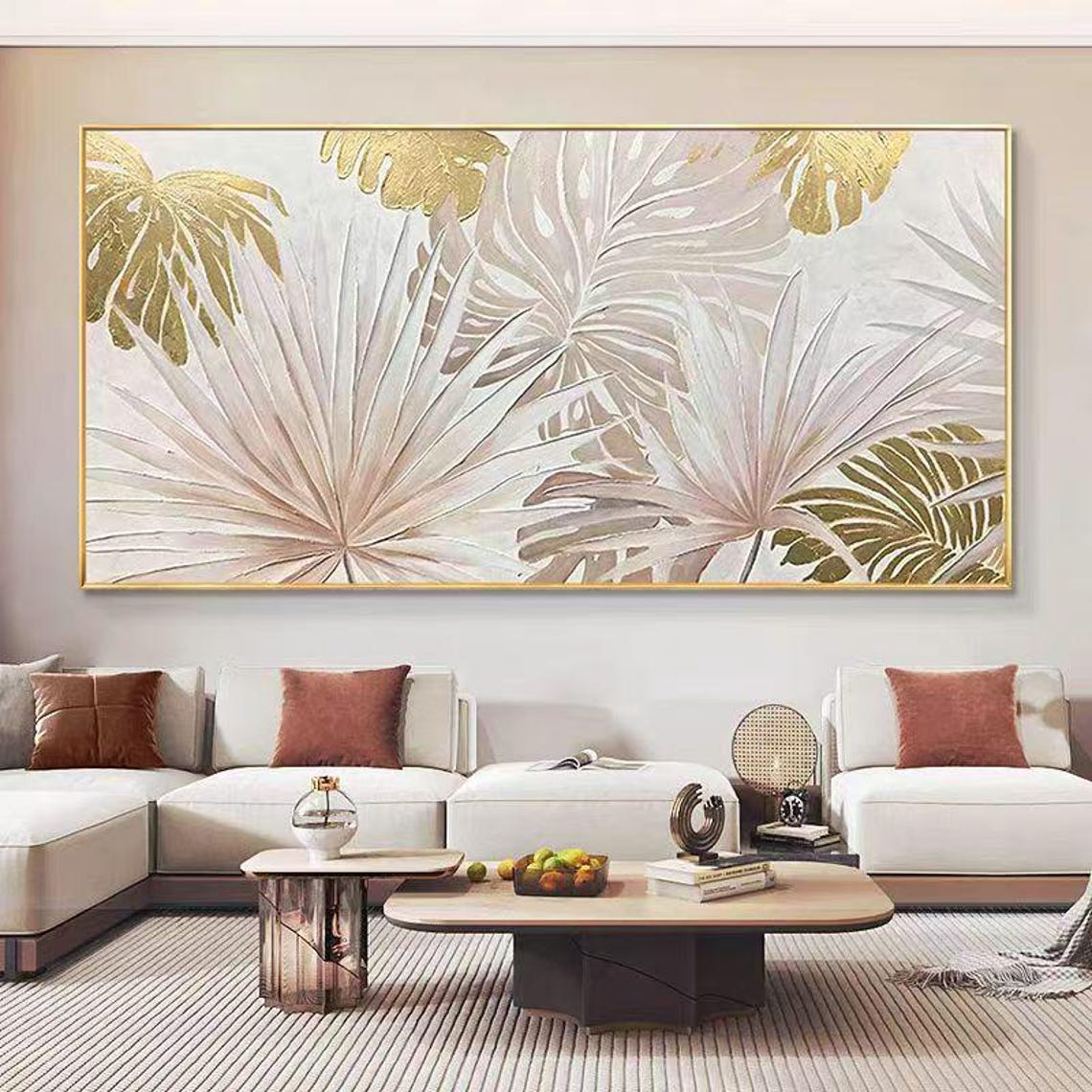 Gold Silver Tropical Palm Leaves Horizontal Textured Botanical Poster - Image 2