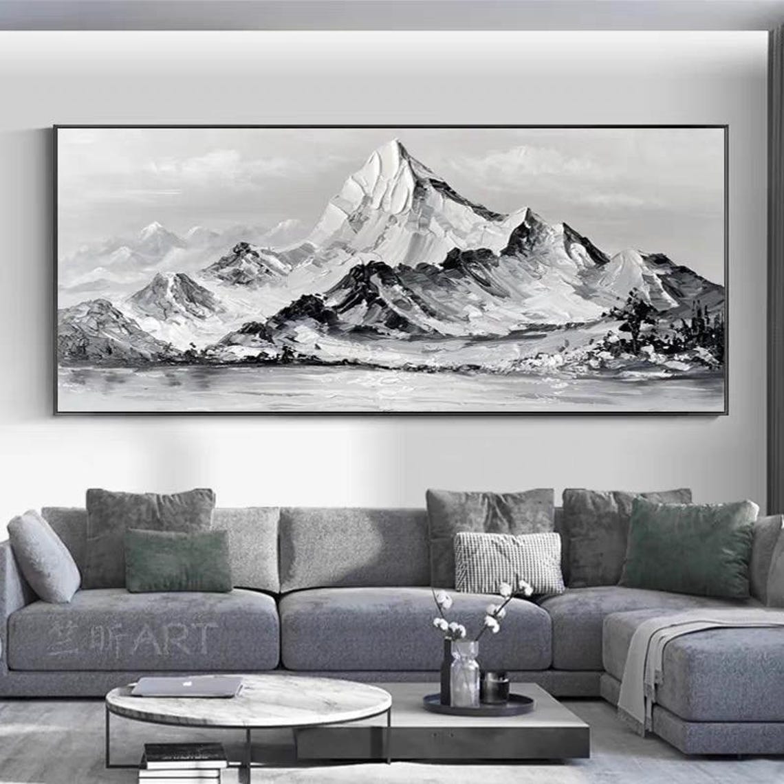 Snowy Mountain Range Black White Horizontal Landscape Poster - Image 2