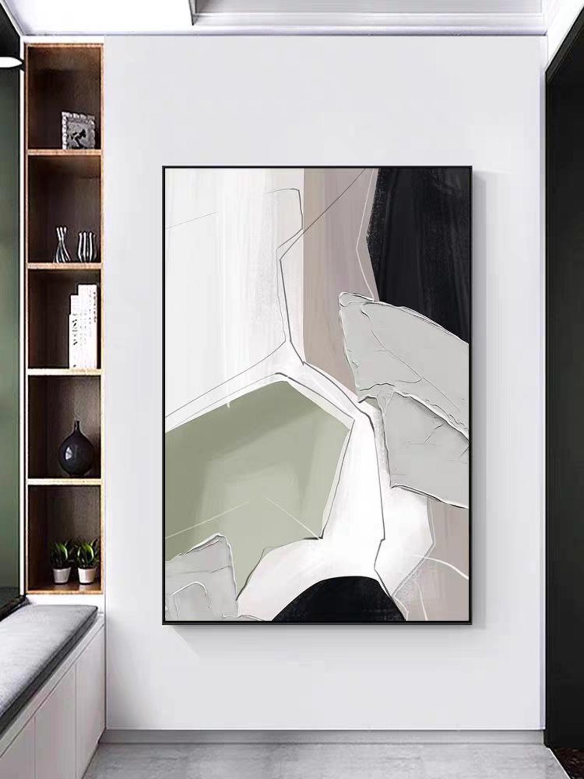 Abstract Beige Sage Green Black Color Block With Line Art Poster - Image 2