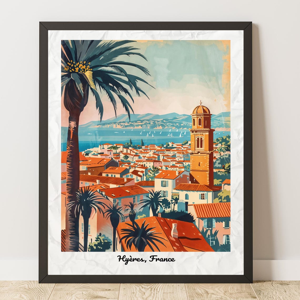 Hyères France Vintage Style Travel Poster Palms and Bell Tower