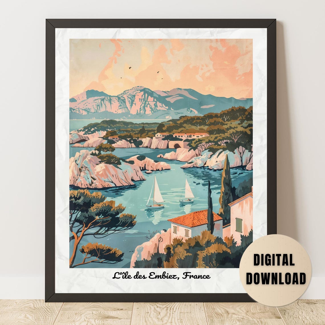 L'Île des Embiez Pink Cliffs Sailboats Vintage Travel Poster