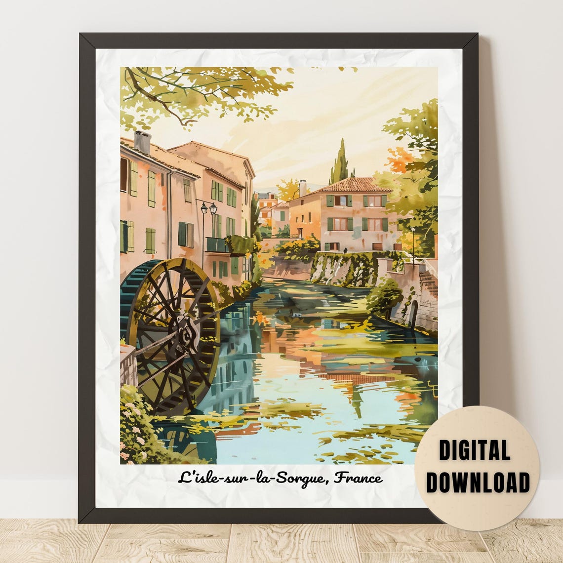 L'Isle-sur-la-Sorgue Watermill River Provence Vintage Travel Poster