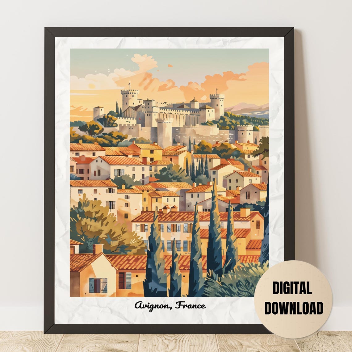 Avignon Palais des Papes Sunset France Vintage Travel Poster
