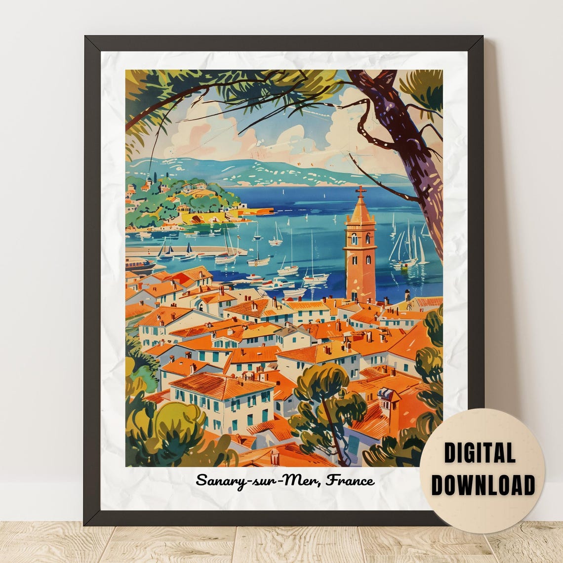 Sanary-sur-Mer Harbor Boats Provence Coast Vintage Travel Poster