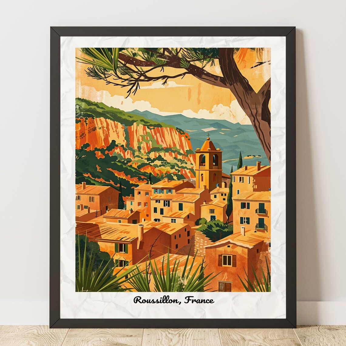 Roussillon France Vintage Style Travel Poster Ochre Village Hills