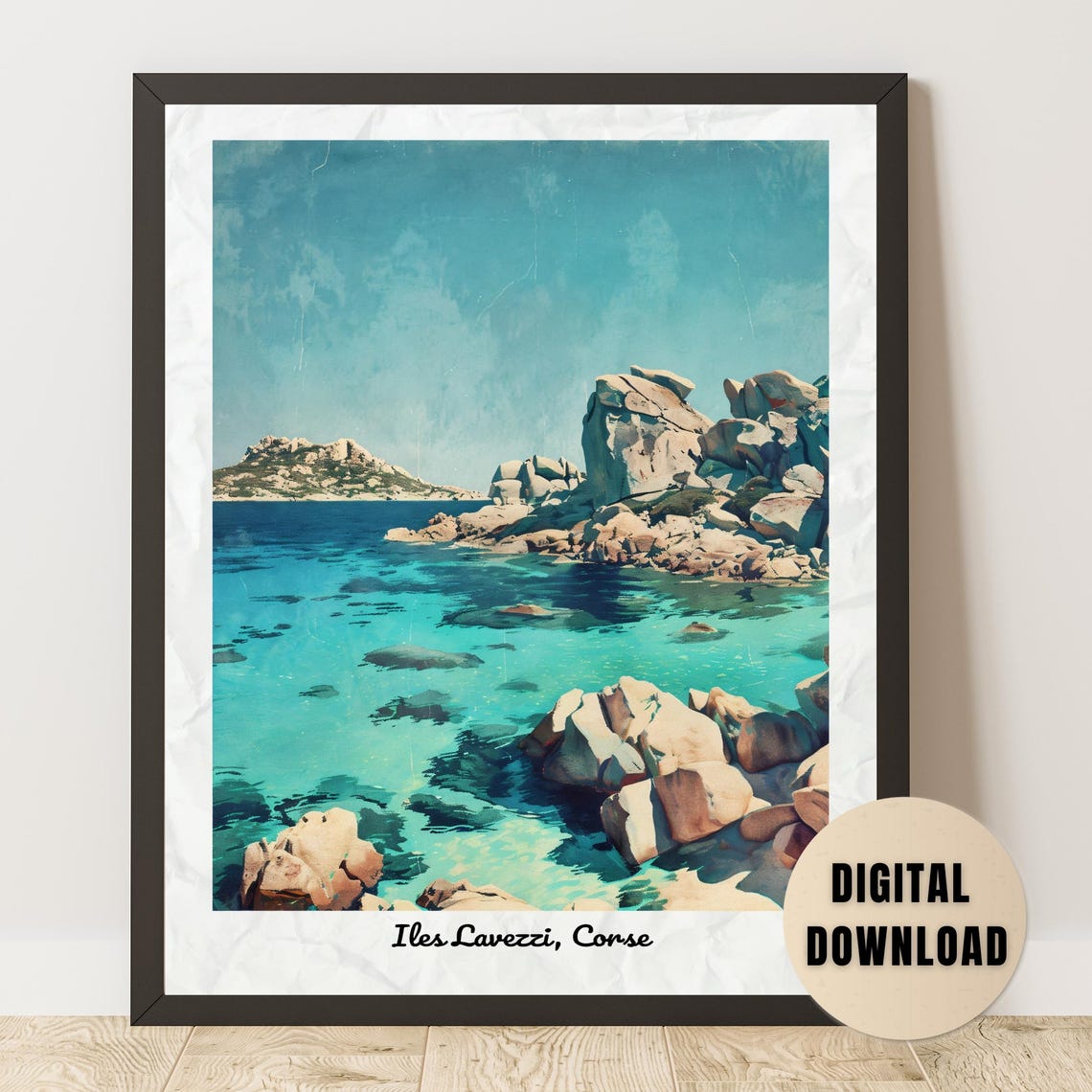 Les Lavezzi Corsica Vintage Travel Poster Turquoise Rocky Cove