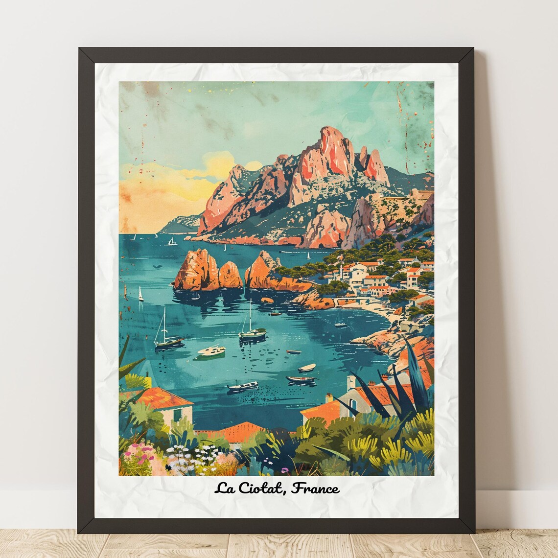 La Ciotat France Vintage Style Travel Poster Bay and Red Cliffs