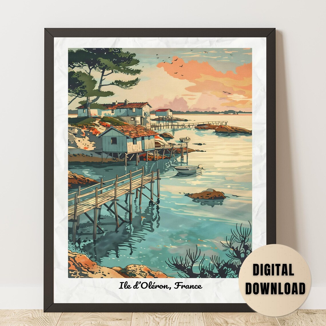 Île d'Oléron Stilt Fishing Huts Sunset France Vintage Travel Poster