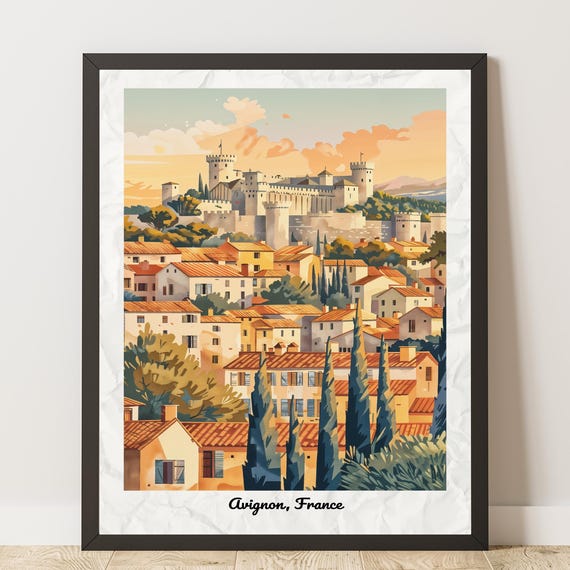 Avignon France Vintage Poster 1950s Travel Wall Art Palais Des Papes Illustration