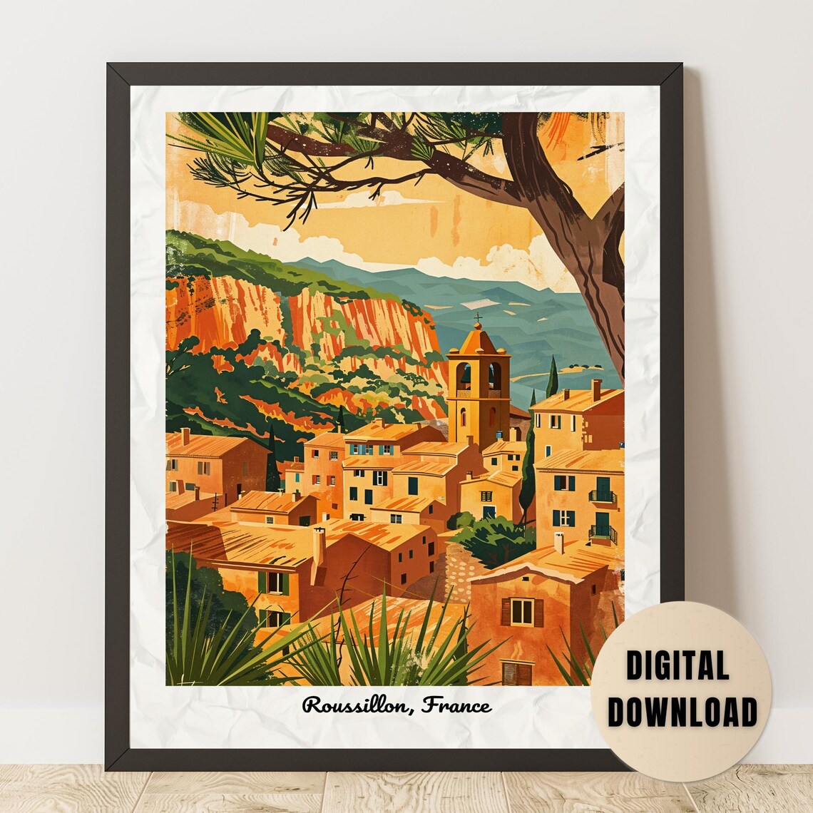 Roussillon France Vintage Poster Provence Ochre Village Wall Art 1950s French Travel Print Retro Decor