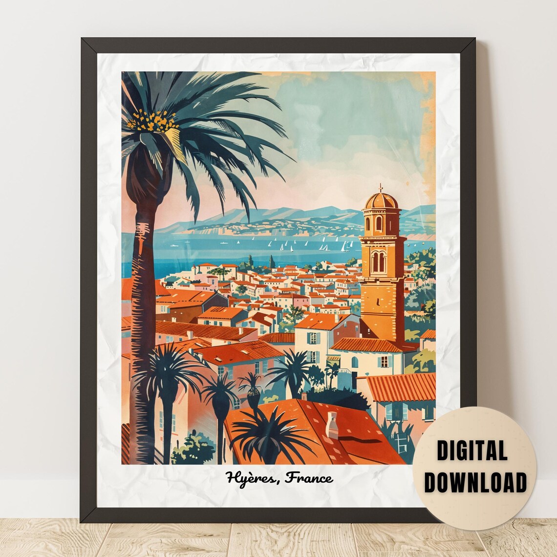 Hyères Palms Harbor Church Bell France Vintage Travel Poster