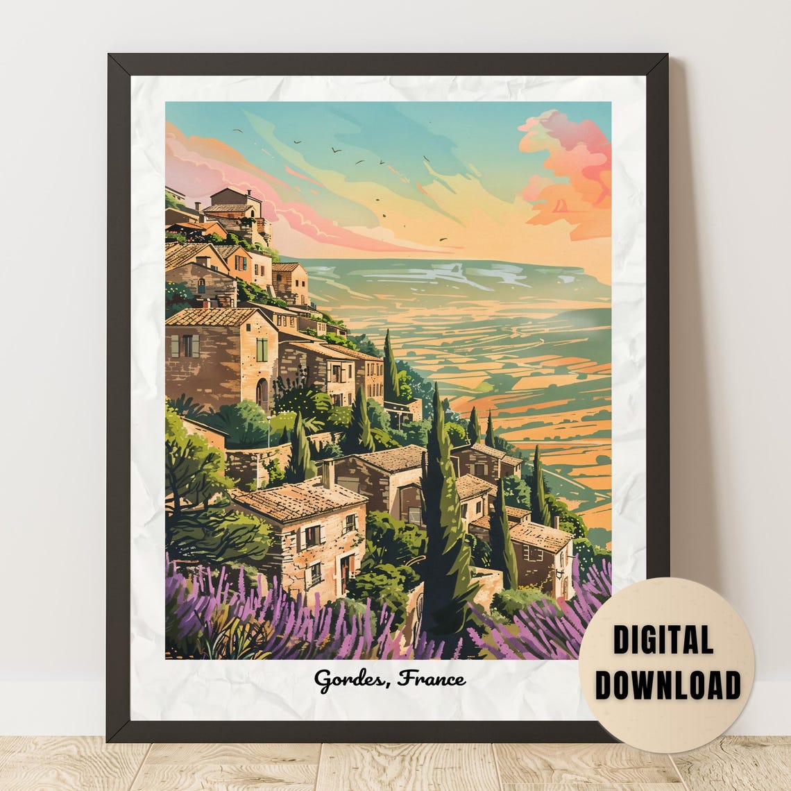 Gordes Hilltop Village Lavender Provence Vintage Travel Poster