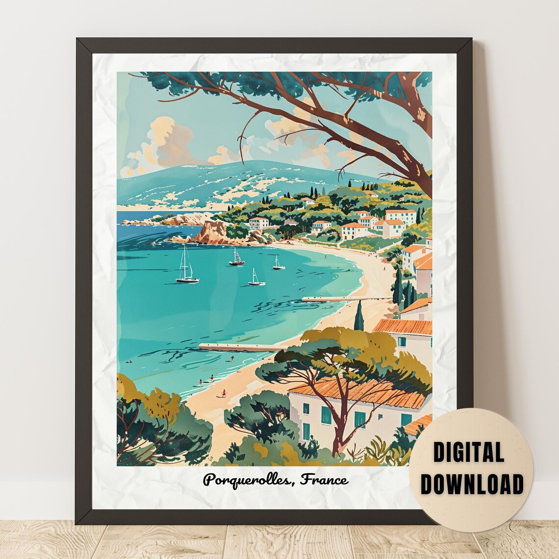 Porquerolles Crescent Beach Sailboats France Vintage Travel Poster