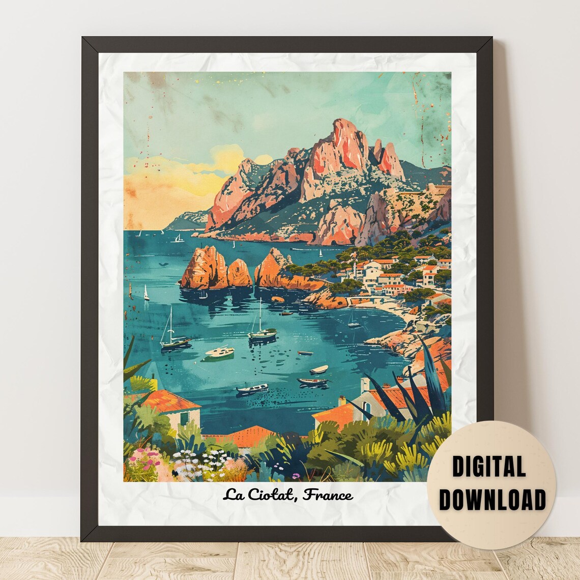 La Ciotat Red Cliffs Boat Harbor France Vintage Travel Poster