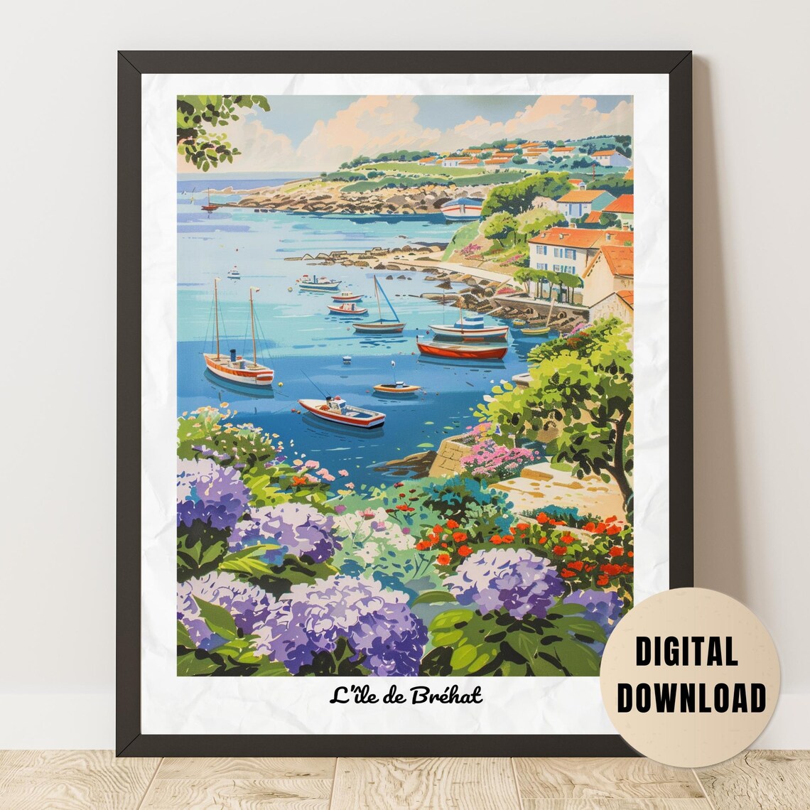 L'Île de Bréhat Harbor Boats Brittany France Vintage Travel Poster
