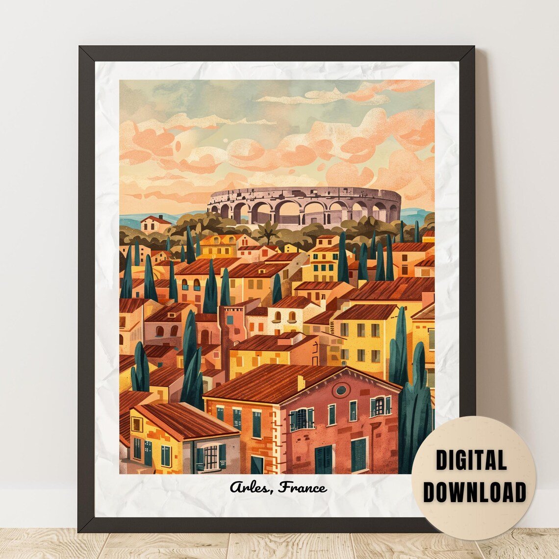 Arles Roman Amphitheater Old Town France Vintage Travel Poster
