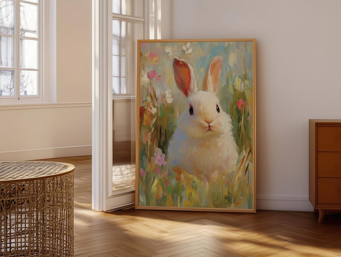 White Bunny in Flower Meadow Soft Impressionist Garden Poster - Image 6