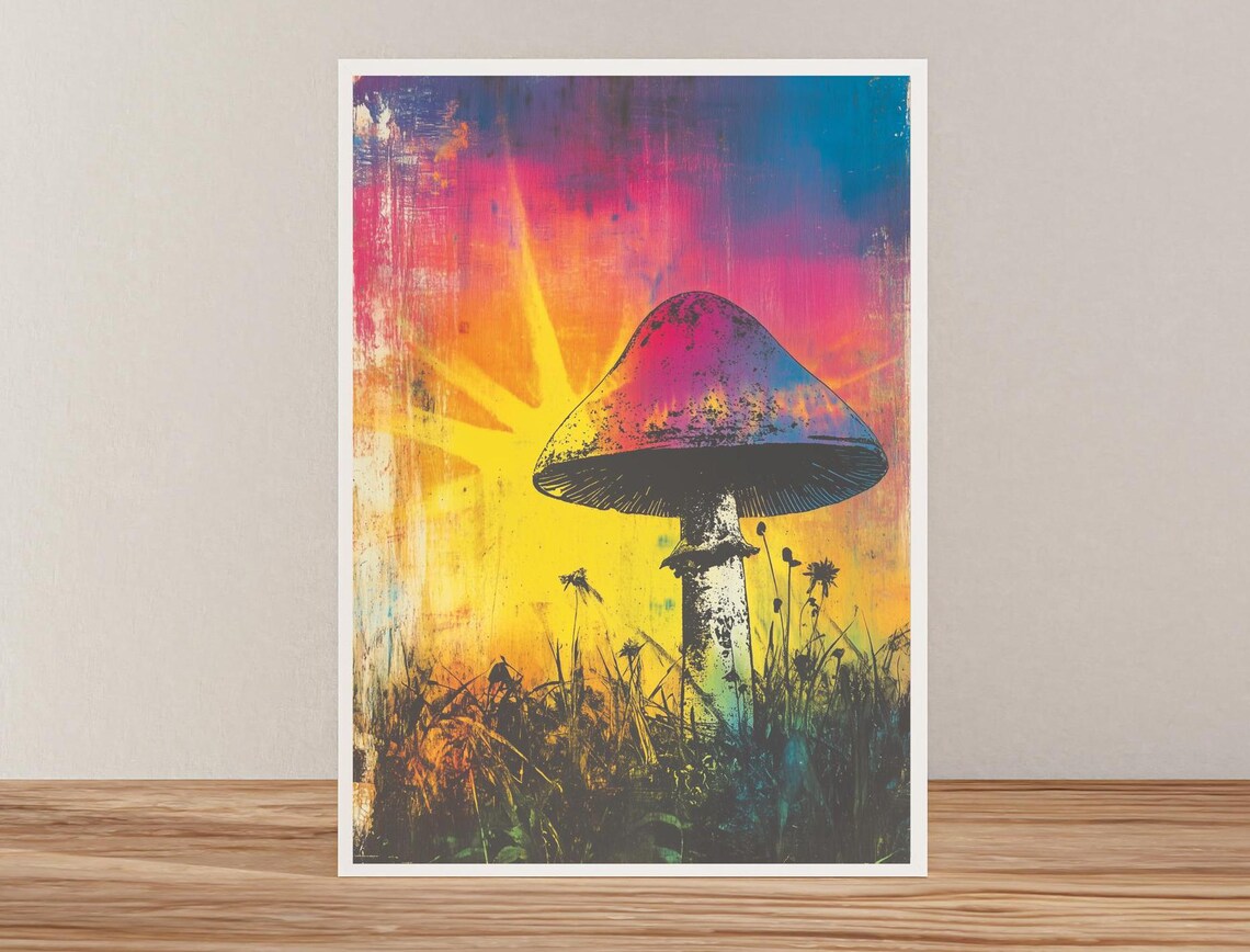 Mushroom Silhouette Against Rainbow Sunrise Psychedelic Art Poster