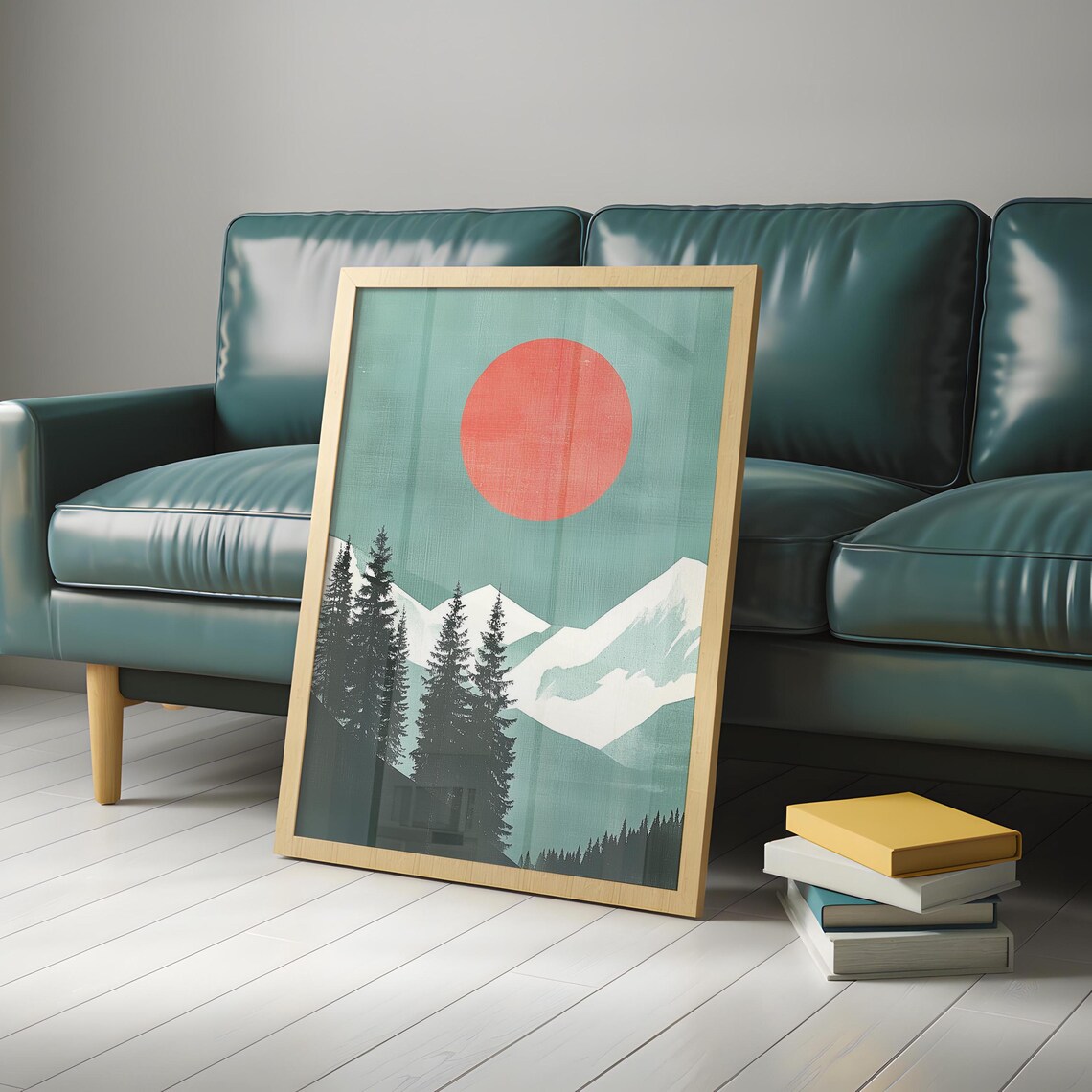 Abstract Mountain Landscape Red Sun Teal Sky Snow Peaks Poster - Image 5