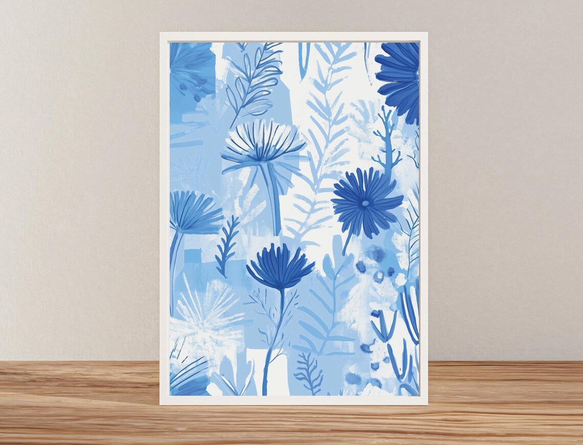 Icy Blue Watercolor Daisies with Cobalt Blooms Floral Art Poster