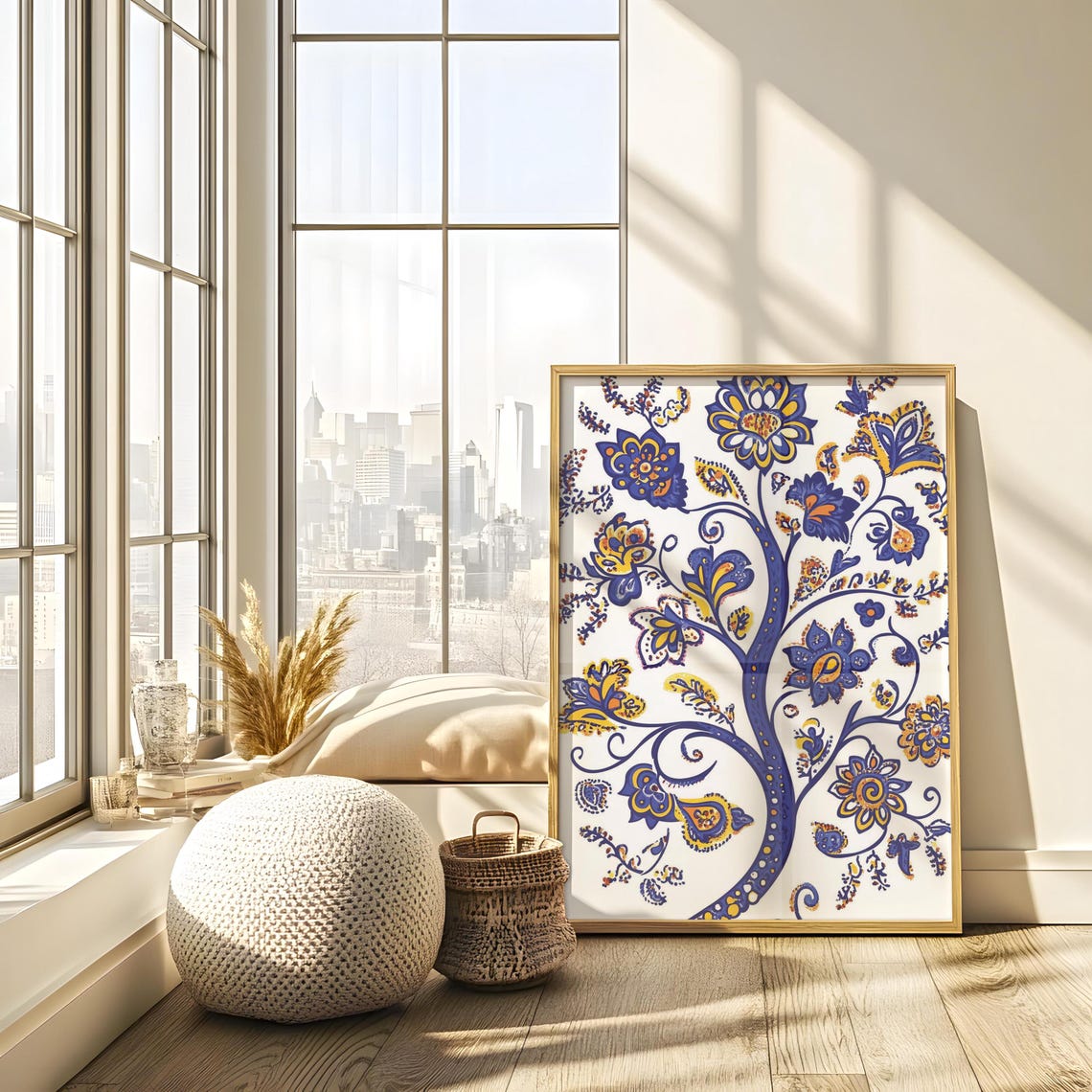 Deep Violet Blue Ukrainian Folk Tree Paisley Flowers White Poster - Image 4