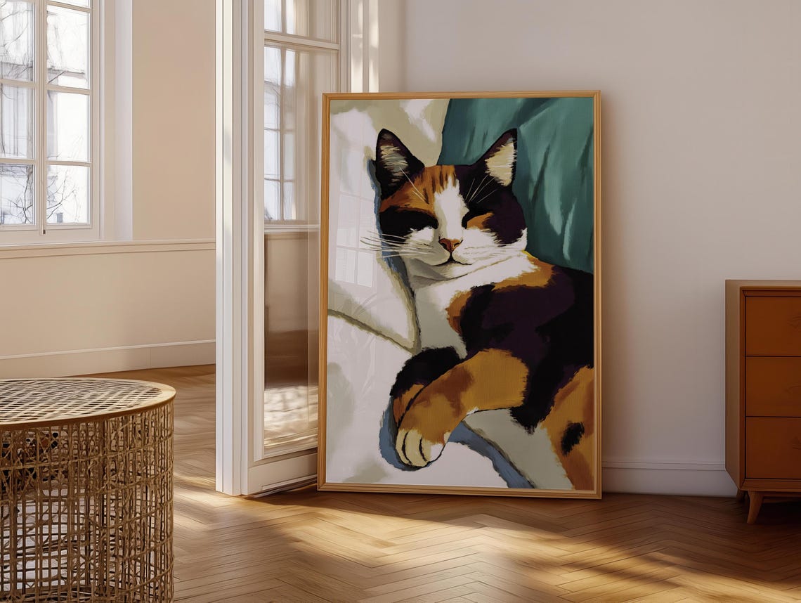 Sleeping Calico Cat Portrait Teal Background Soft Painterly Poster - Image 6